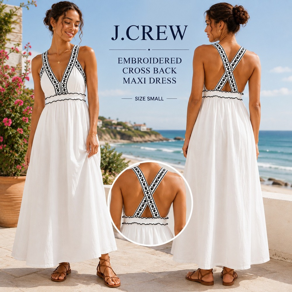 J.Crew Embroidered Maxi Dress Womens S White Navy Blue Linen Blend Cross Back